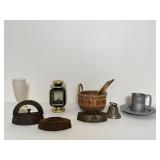 Antique Irons, Lantern & 1776 Metal Mug
