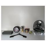 Fan, Tire Clock, Metal Boxes & Metal Dog Sign