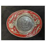 Silver Dollar & Red Enamel Belt Buckle