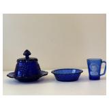 Cobalt Blue Butter Dish, Shirley Temple Bowl & Cup