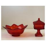 Ruby Red Fenton Lotus Bowl & Jeannette Candy Dish