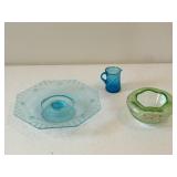 Aqua Glass Cake Pedestal, Pitcher & Green Bowl