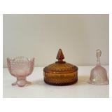 Amber Glass Candy Dish, Pink Bell & Compote Dish