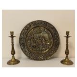 Brass Embossed Plate & Candleholders