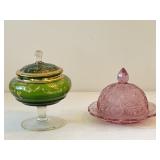 Green Glass Apothecary Jar & Pink Butter Dish