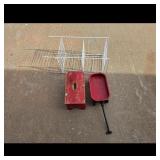 Radio Flyer Toy Wagon, Wooden Stool, Wire Rack