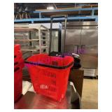 LOT, 5 PLASTIC SHOPPING BASKET W/ WHEELS & HANDLE