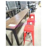 LOT, 1 96X16 WOOD TOP TABLE & 3 METAL BAR STOOL