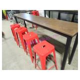 LOT, 1 96X16 WOOD TOP TABLE & 4 METAL BAR STOOL