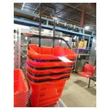 LOT, 5 PLASTIC SHOPPING BASKET W/ WHEELS & HANDLE