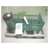LOT, 2X, PLASTIC BASKET AND BUS BIN W/ UTENSILS