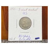1881 US 3 Cent Nickel Higher Grade