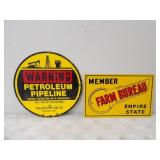 Petroleum Pipeline Warning Tin Sign 11.75rd, Farm