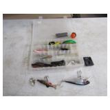 15-Lures, Bobbers, Sharpener, Misc. w/Plano Box
