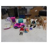 1 Barbie, 3 Bratz, 2 Small Dolls, Misc Cars/Toys