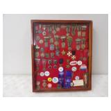 20.5inWx24inT Wood Case w/Various Medals & Buttons