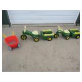 2-ERTL JD Pedal Tractors w/Wagons & Wheel Barrow