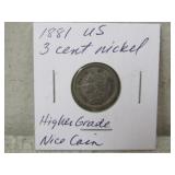 1881 US 3 Cent Nickel Higher Grade