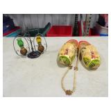 Painted Wooden Clogs & Pair of Mini Oil Lamps