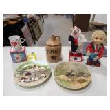 2-Painted Animal Plates, Family Ceramic Jug,