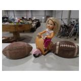 Doll on Moped/Scooter & 2-Old Footballs