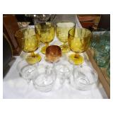 4-Amber Goblets, 4-Clear Tea Cups, 1 Brass Cup
