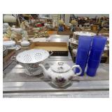 Lefton Tea Pot, Floral Metal Strainer, &