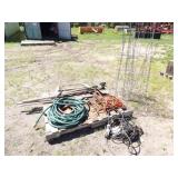 Tomato Cages, 3-Ext. Cords, Hose, Misc Rakes/Tools