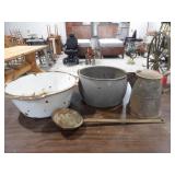 2-Vintage Pots, 1-Galvanized Pitcher, Old Lg Spoon