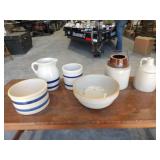 Blue Striped Pitcher & 2 Planters, &