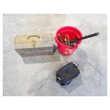 Metal Toolbox w/Misc Tools, Red Bucket w/Misc Tool