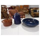 Stoneware Crock 8in. Diaa, Enamel Coffee Pot &
