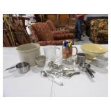 Asst. Measuring Cups/Spoons, Unmarked Crock, &