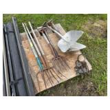 5,4,3 Tine Forks, 2-Potato Forks,3-Shovels, Pulley