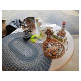 Candle, Ship, Metal Can, 2 Rugs, Glass Dishes