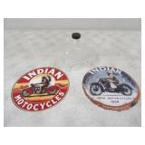 Indian Motorcycls Glass Bottle & 2 Tin Signs,