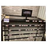 Black Metal Retail Display Rack with Wire Shelves and Pegboard Backing
