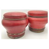 Pair Red Lacquered Chinese Rice Containers