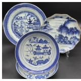 Antique Chinese Blue & White Plate & Bowls