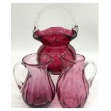 3pc Antique Cranberry Glass Basket & Pitchers