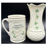 2pc Belleek Irish Pottery Vase & Mug