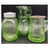 3pc Vintage Uranium Glass Syrups & Shaker