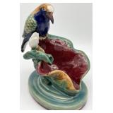 Majolica Bird Perched on Water Lily Ceramic Figure