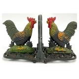 Pair Vintage Cast Iron Rooster Bookends