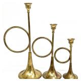 3 Brass Horn Candlesticks