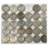 30 US Silver Walking Liberty Half Dollars