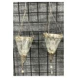 2 Etched Glass Metal Hanging Candle Lanterns