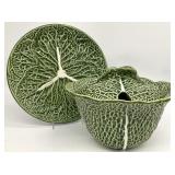 Vintage Majolica Cabbage Tureen & Under Plate