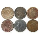 6 US Large Cents 1819, 1830, 1848