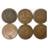 6 US 2 Cents Pieces Civil War Era 1864-69